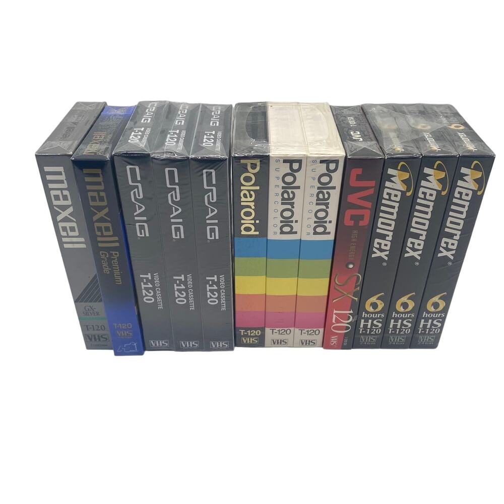VHS Mixed Lot of 12 Cassette New Sealed Maxell, Craig, Polaroid, JVC, Memorex